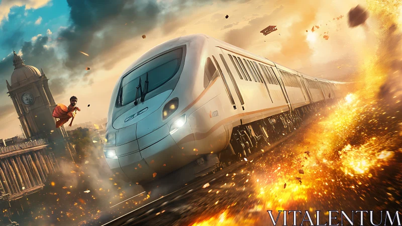 High-speed train blasts through cinematic urban explosion.