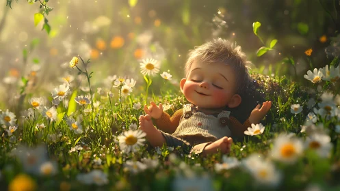 Sun-drowsy toddler dreaming in a meadow of giggling daisies.