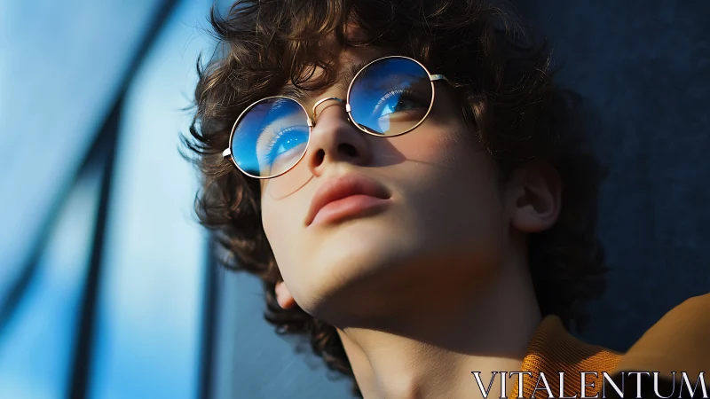 Youthful portrait with reflective round glasses in soft daylight