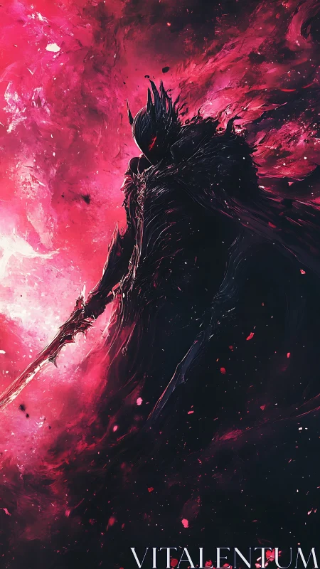 Dark armored warrior in swirling crimson cosmic void.