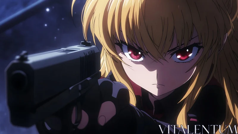 Anime heroine aims handgun under a cold starlit night sky