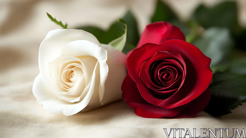 Red and white roses arranged on neutral fabric background