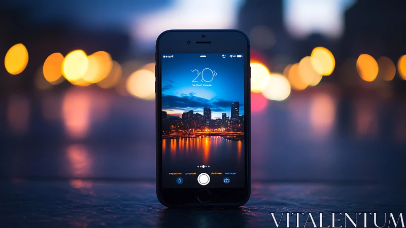 Smartphone displaying urban skyline with ambient bokeh lighting environment