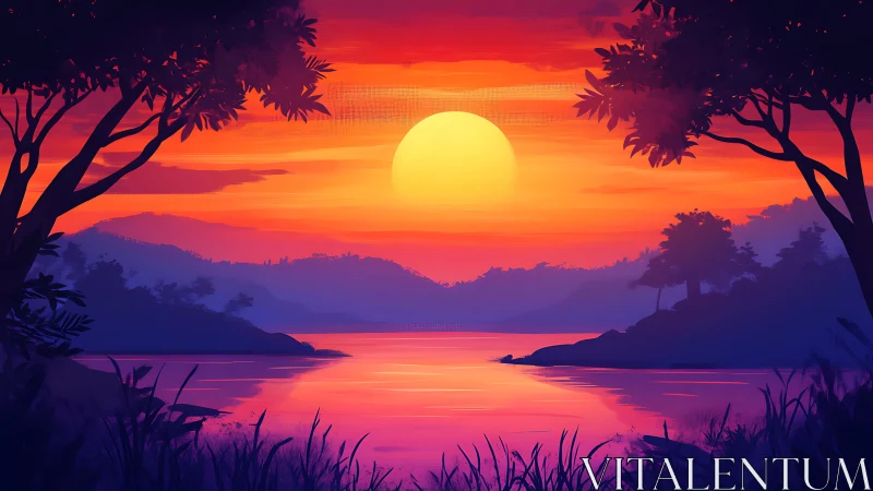 Sunset illuminates stylized lake landscape between silhouettes