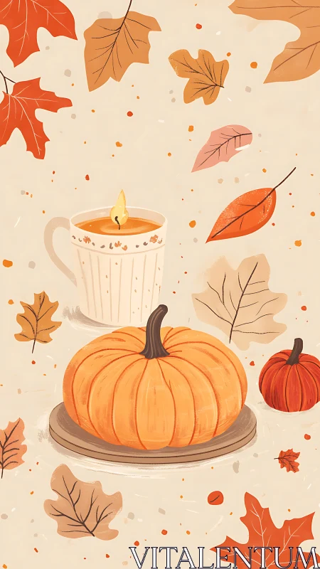 Cozy pumpkin still life amid swirling autumn leaves.