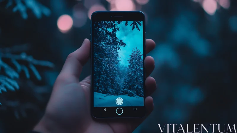 Handheld smartphone capturing winter forest landscape with dynamic HDR processing and blue color gra
