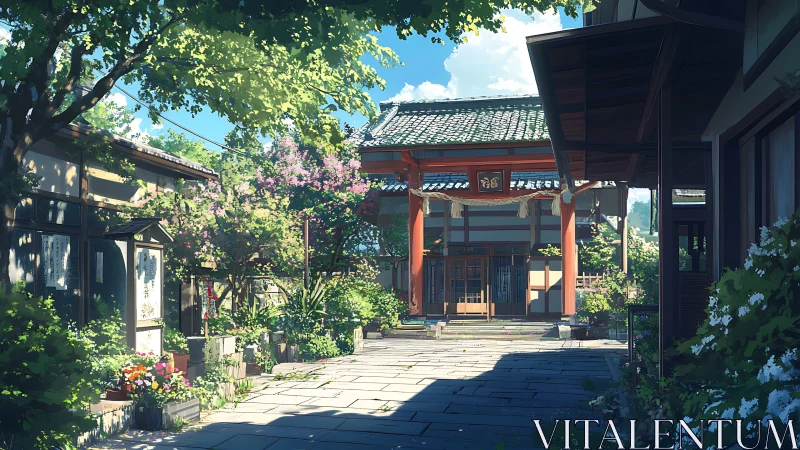 Courtyard of traditional Japanese building in daylight.