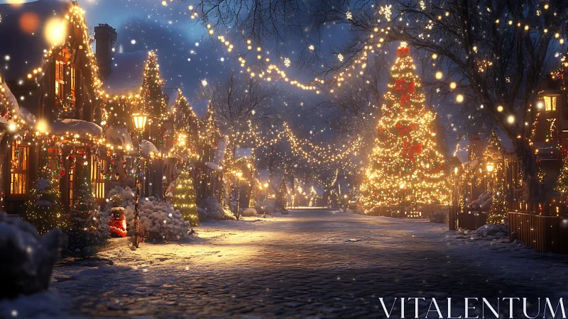 Photorealistic snowy village street with luminous Christmas decor.
