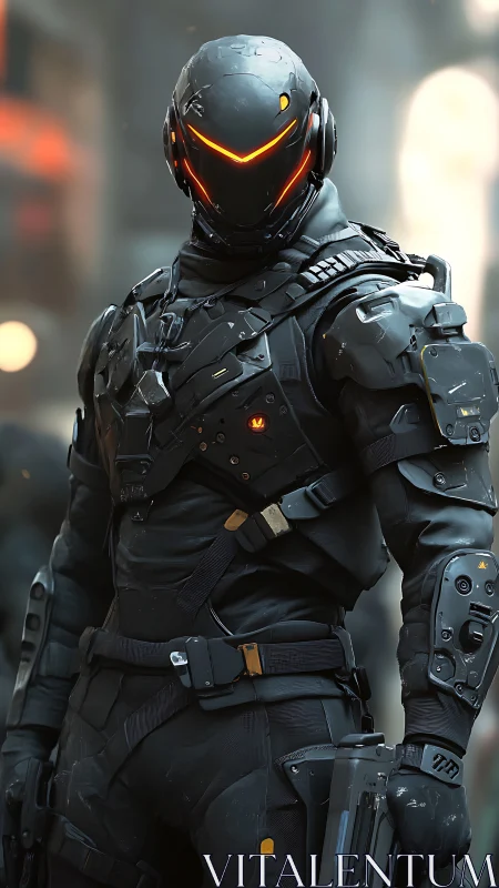 Cyberpunk exosuit operative in tactical urban portrait rendering.
