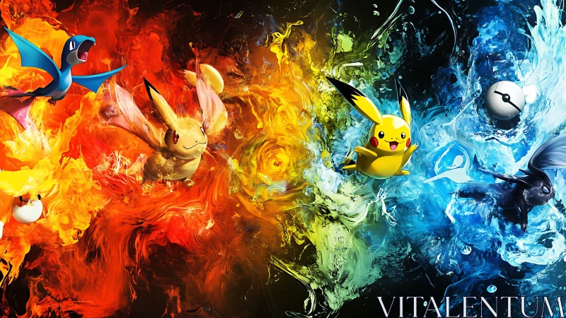 Elemental electric mascots surfing storms of molten color.