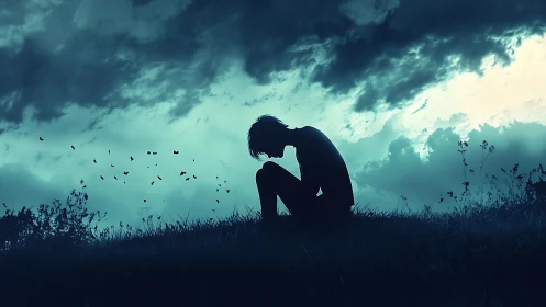 Silhouette of solitary figure on hillside under brooding sky.