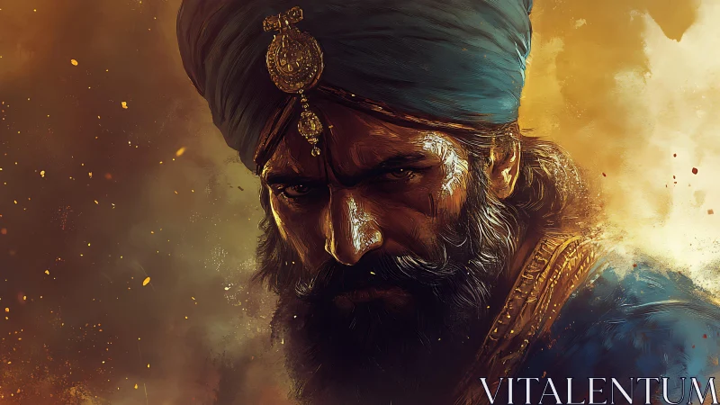 Bearded man in jeweled turban glares amid glowing haze