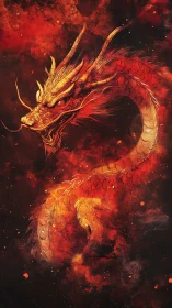 Serpentine dragon form suspended in red particulate field.