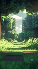 Pixelated Nature Cathedral Perspective With Verdant Landscape