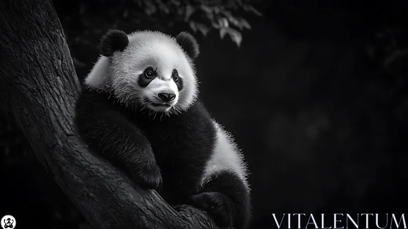 Monochrome juvenile panda on inclined arboreal support, resting.