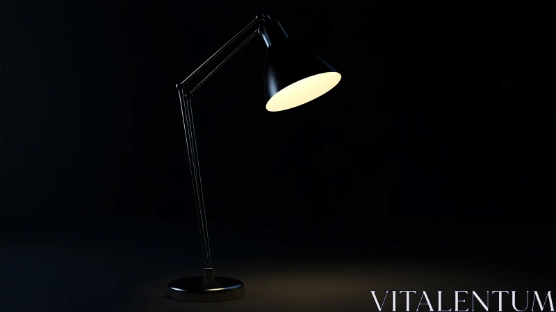 Modern desk lamp with articulated aluminum arm emitting warm luminescence in controlled darkness