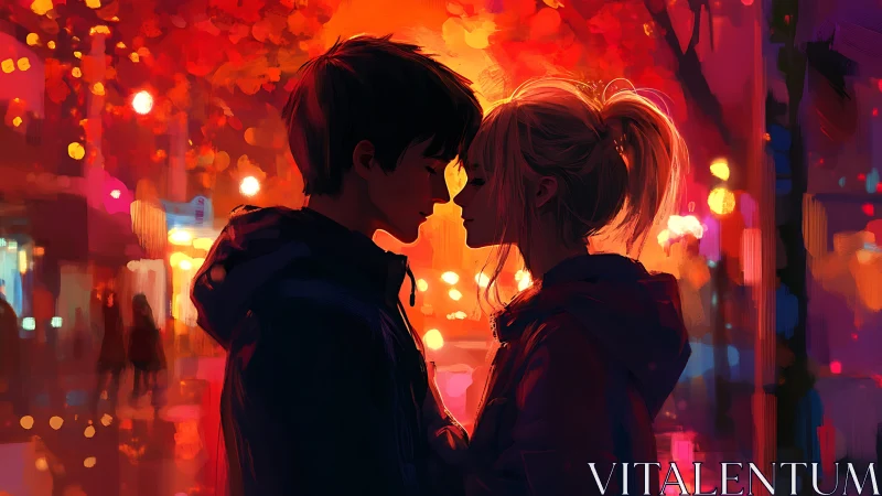 Tender city evening with two lovers sharing quiet light.