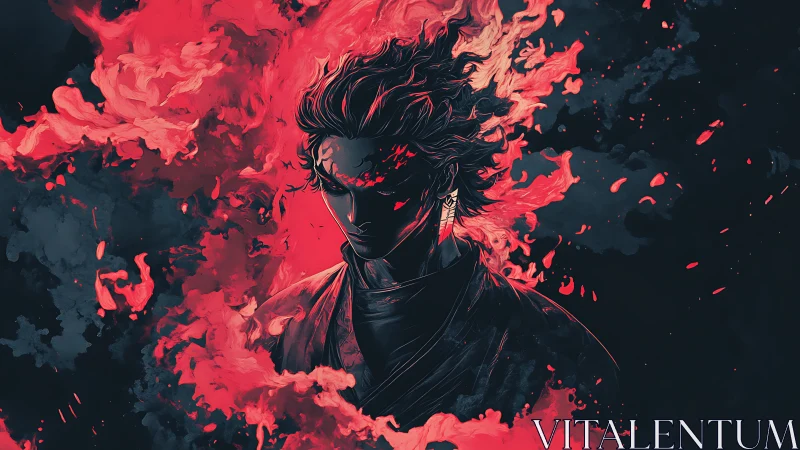 Ember-crowned warrior broods within a storm of scarlet fire.