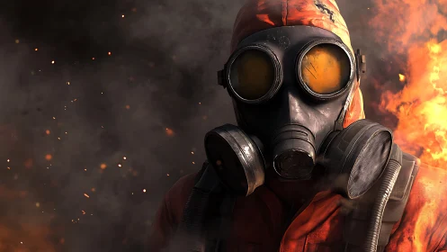 Figure in Gas Mask Against Fiery Background Environment