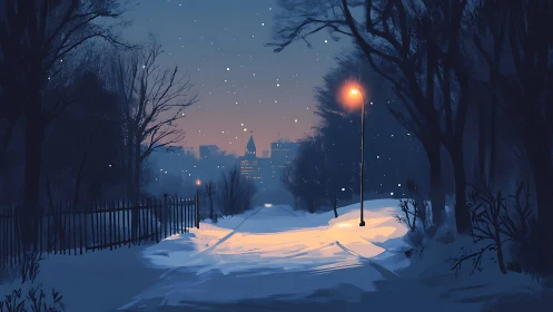 Snowy city path glows under lone winter streetlight.