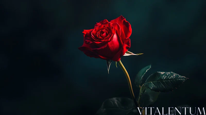 Red rose specimen photographed against dark teal background with controlled lighting