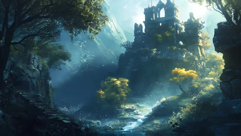 Sunlit Ruined Castle Above a Mist-Silver Enchanted Stream.