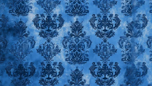 Velvety blue damask dreams on weathered painted walls.