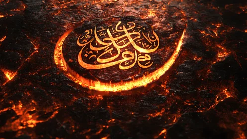 Golden Arabic Calligraphy Against Molten Fire Texture.