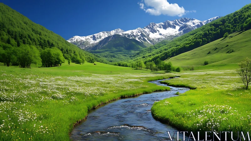 Alpine fluvial meadow under snowcapped ridgeline in clear daylight.