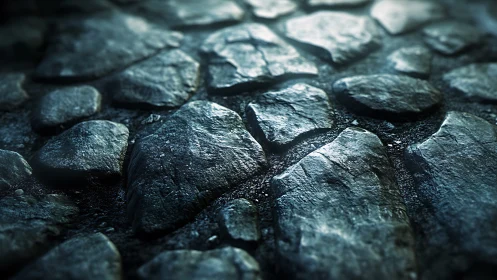 Wet cobblestone displacement surface with cinematic lighting.