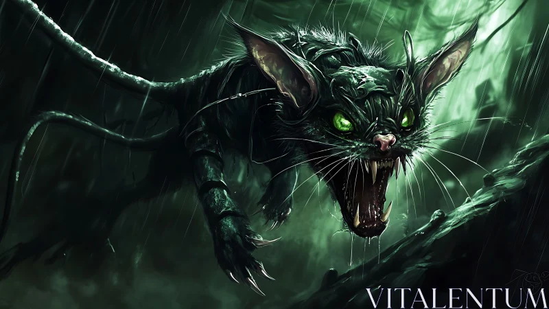 Mutant feral cat lunges through rain with glowing eyes.