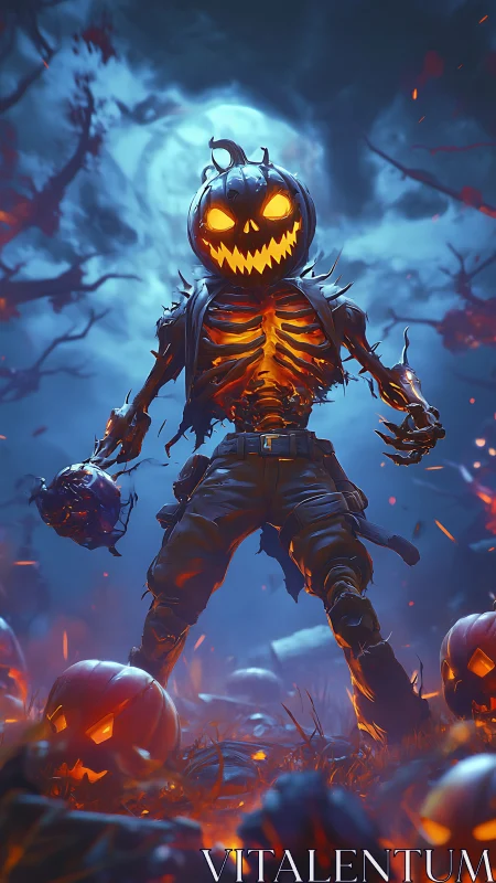 Fiery pumpkin knight guards a wildly glowing Halloween night.
