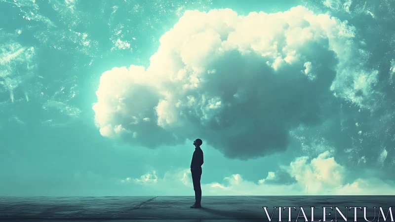 Soft sky daydreams with a lone thinker under one cloud.