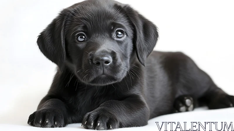 Black Labrador puppy rests on white backdrop, gazing softly.