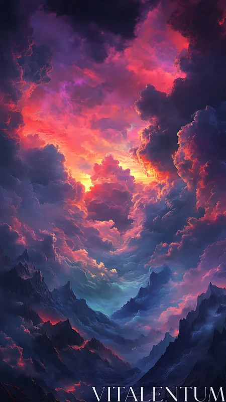 Storm-torn mountains glow under radiant cosmic sunset sky