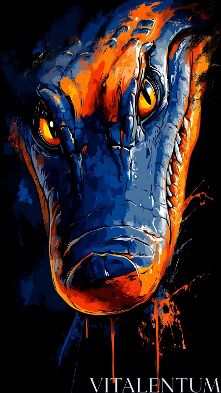 Vivid raptor portrait in blazing orange and deep blue paint.