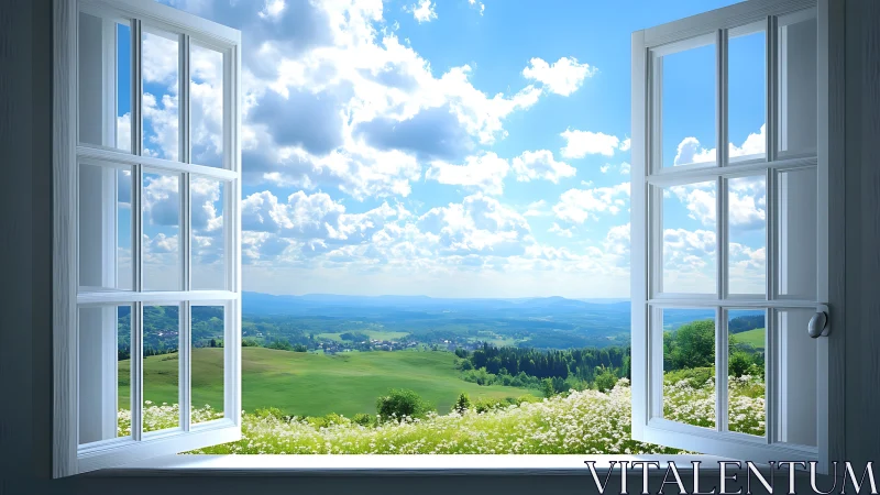 Open double casement window framing rolling rural valley panorama.