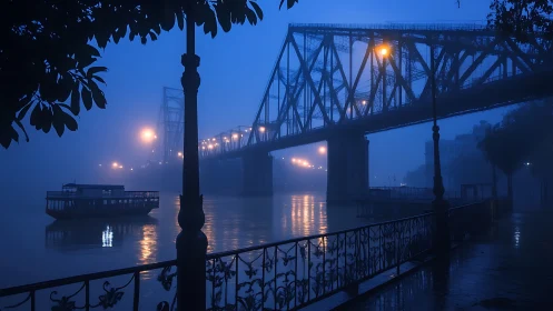 Foggy steel bridge and riverside walkway in blue hour light.
