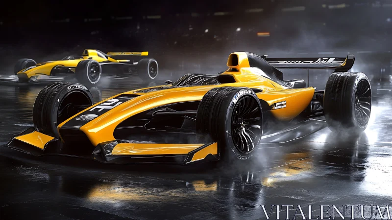 Futuristic yellow formula race cars on wet reflective track.