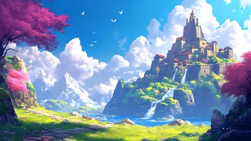 Mountain fortress with waterfalls in bright landscape.