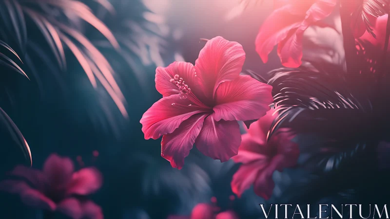 Hibiscus flowers illuminated with intense directional backlighting and atmospheric volumetric render