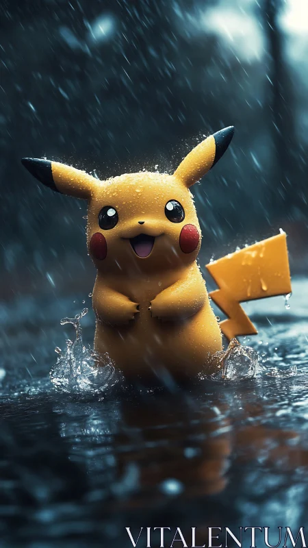 Joyful Pikachu splashes playfully in dramatic rainy street