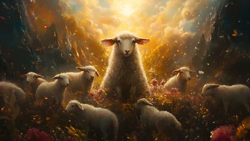 Sunlit lamb guardian crowned in a glowing meadow halo.