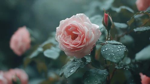 Pink Rose with Water Droplets on Green Foliage