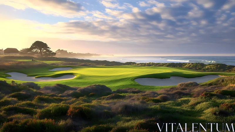Coastal golf green with sand bunkers at sunset light.