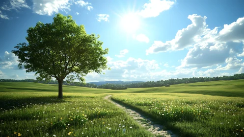 Single tree stands beside dirt path across sunlit meadow