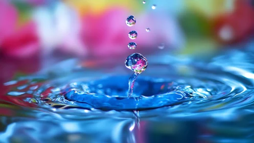 Droplets juggle tiny rainbows above a dreaming blue pool