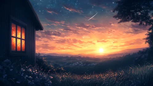 Sunset over valley town viewed beside warm-lit cabin window