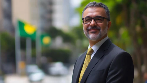 Smiling professional man stands outdoors in blurred city street