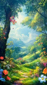 Luminous fantasy valley with wildflower path and mountains.